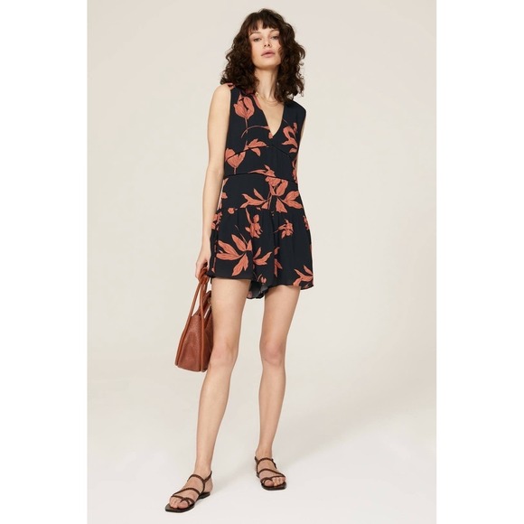 Thakoon NEW Floral Sleeveless Ruffle Silk Romper Black/Orange Size 4 - Picture 1 of 8